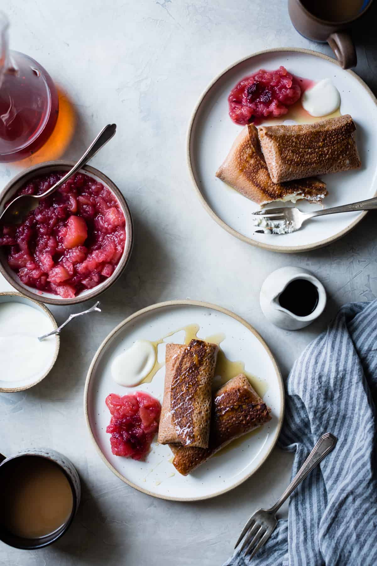 2 plates of Chestnut Cheese Blintzes with Cranberry Applesauce {gluten-free}