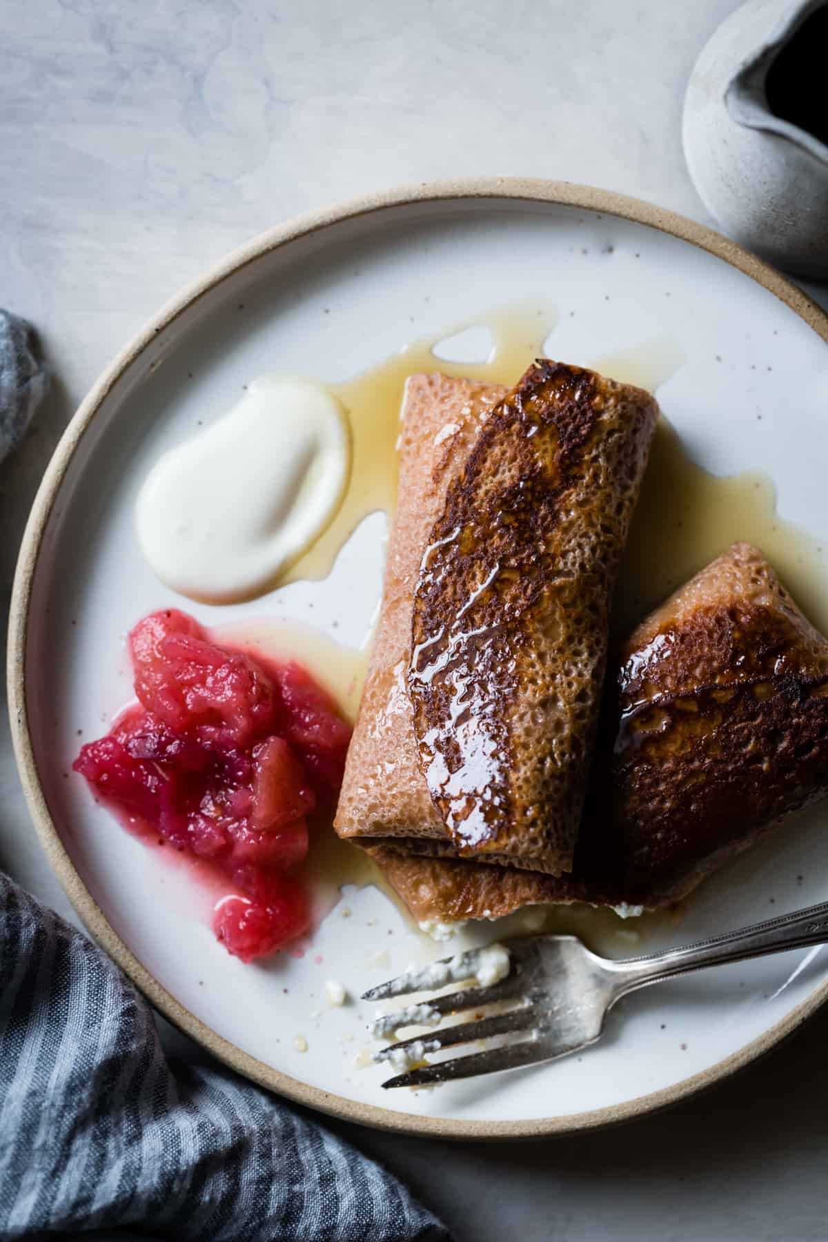 close up of Chestnut Cheese Blintzes with Cranberry Applesauce {gluten-free}