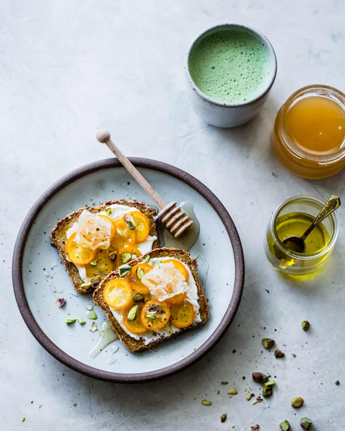 overhead shot of Kumquat Honeycomb Tartines