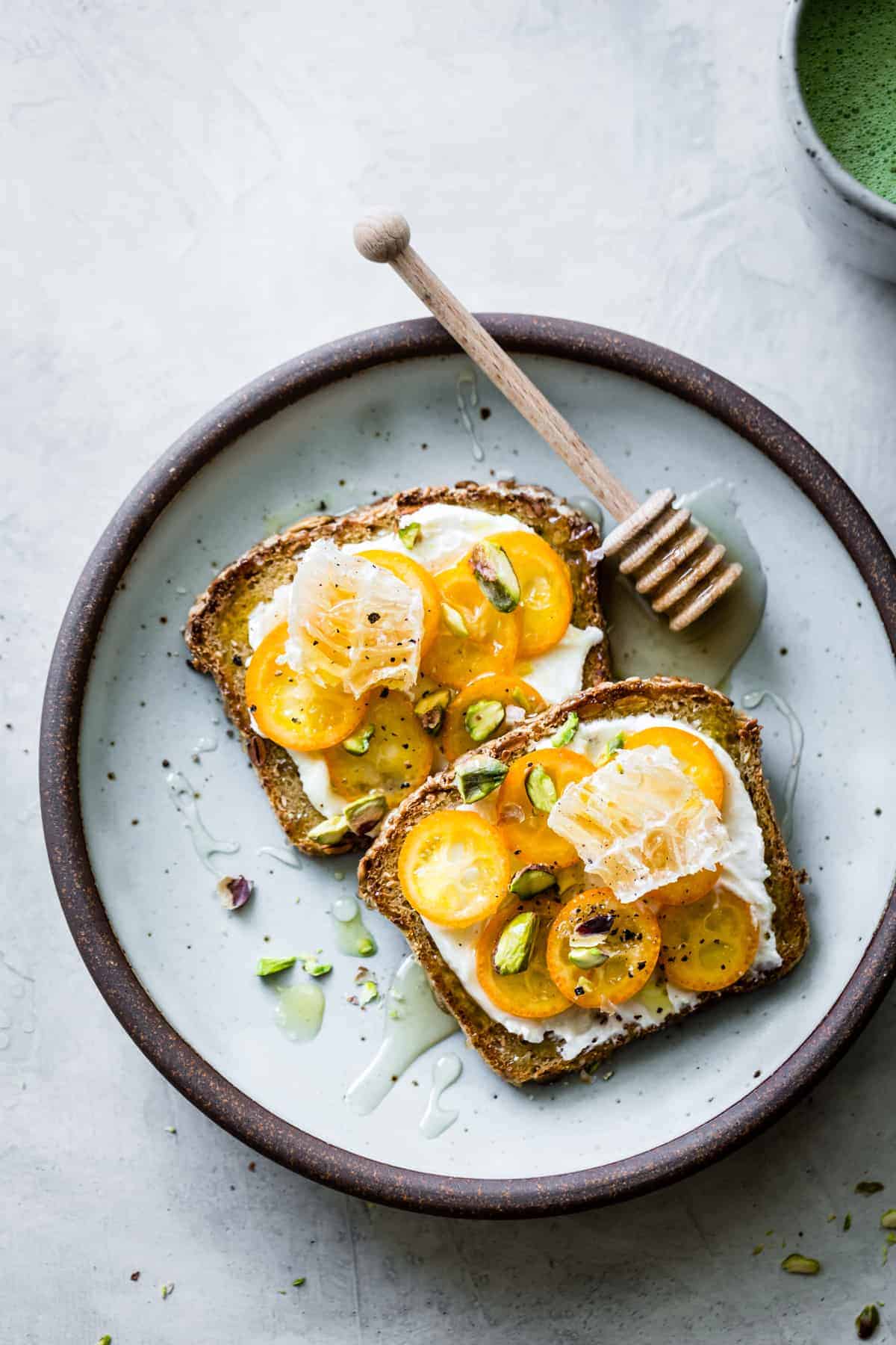 Kumquat Honeycomb Tartines with honey drizzle 