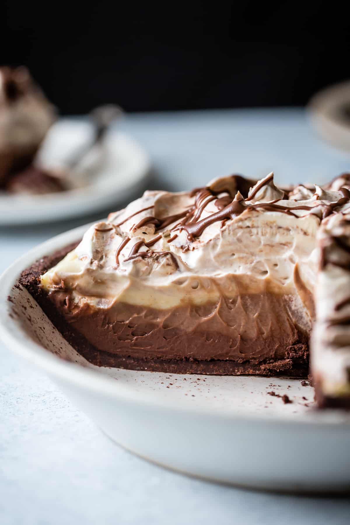 close up of Gluten-Free Triple Chocolate Layer Pie in a Cocoa-Hazelnut Crust