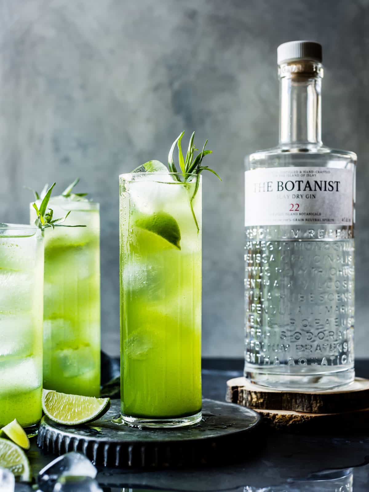 Tarragon Gin and Tonics with bottle of gin 