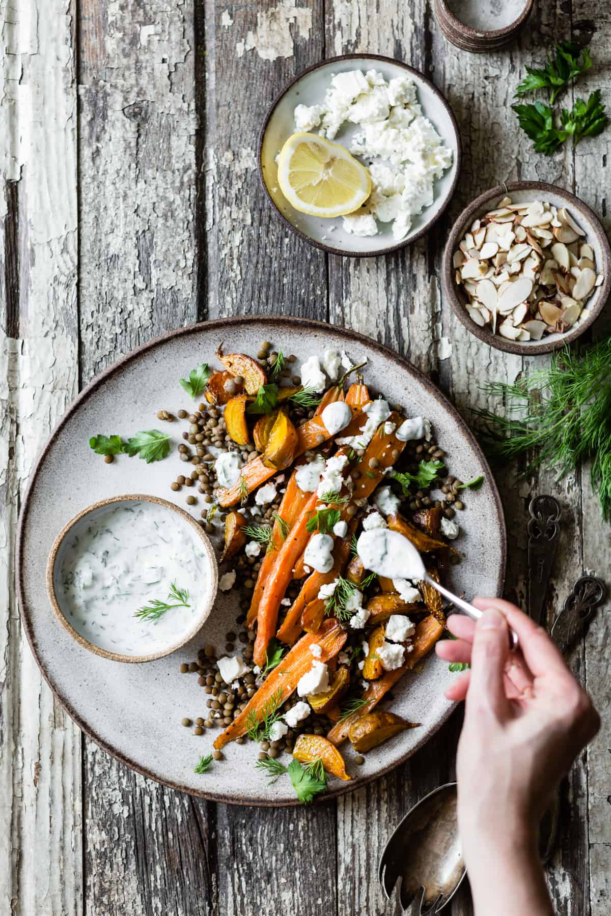 putting feta on Roasted Beet & Carrot Lentil Salad 