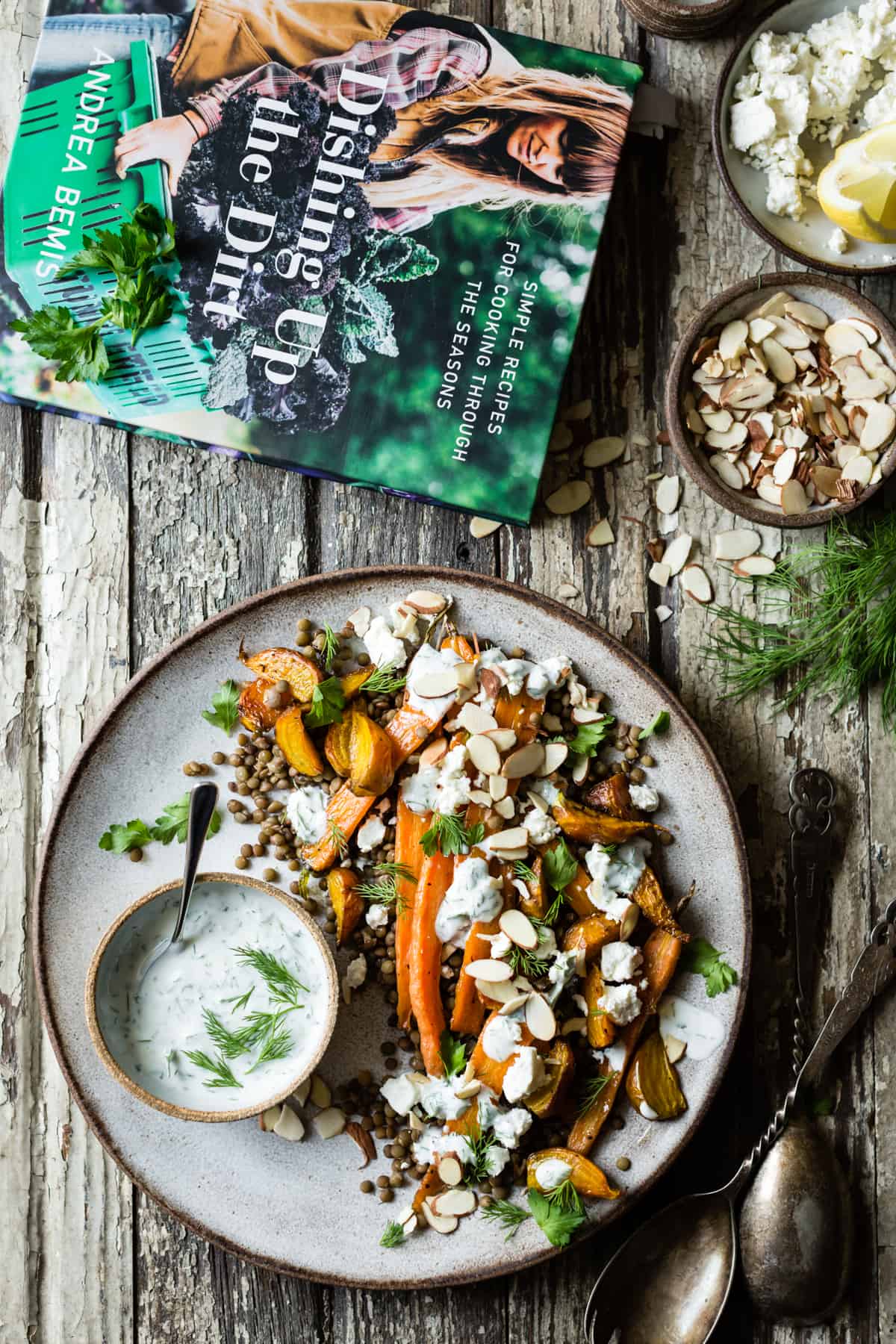 Roasted Beet & Carrot Lentil Salad with Feta, Yogurt & Dill with cookbook