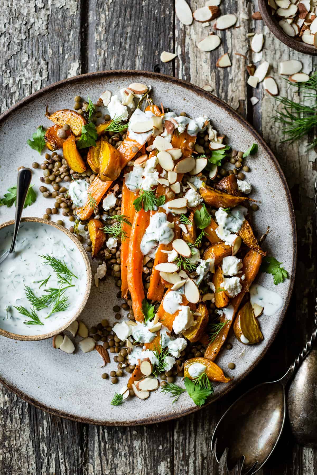 delicious Roasted Beet & Carrot Lentil Salad with Feta, Yogurt & Dill