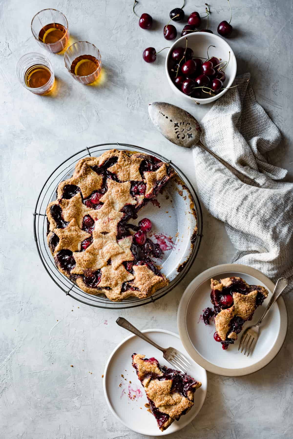 Gluten-Free Cherry Pie with Bourbon & Spice, cut and served on plates