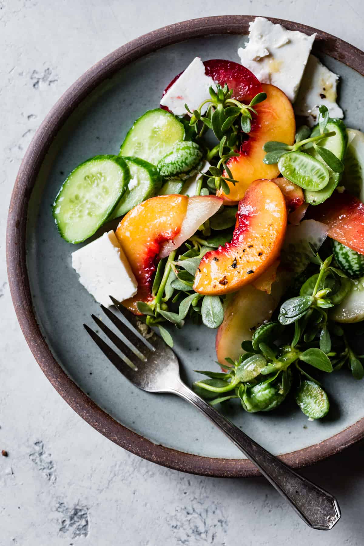 Stone Fruit Cucumber Salad with Ricotta Salata, Purslane, and Golden Balsamic Miso Vinaigrette on plate 