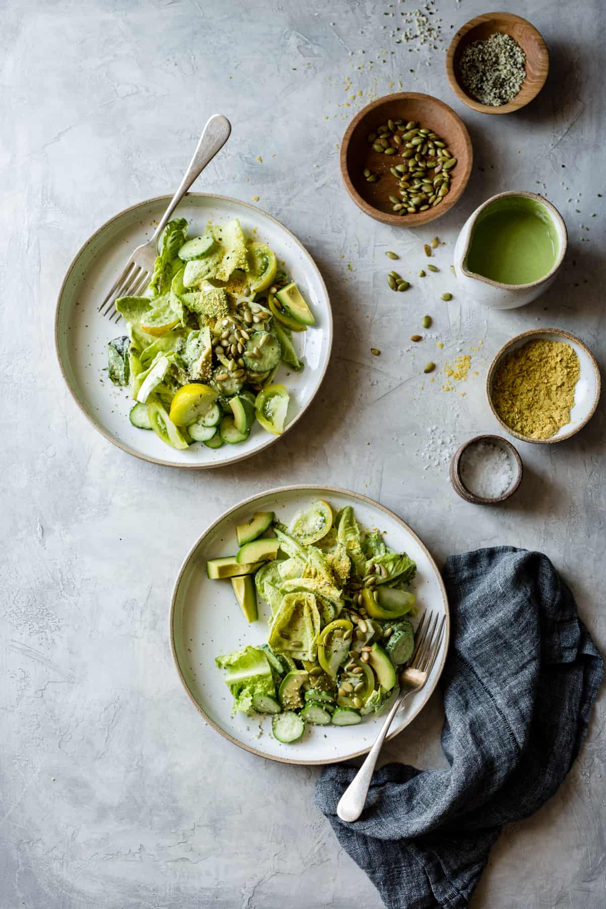 top down shot of Summer Vegan Green Goddess Salad