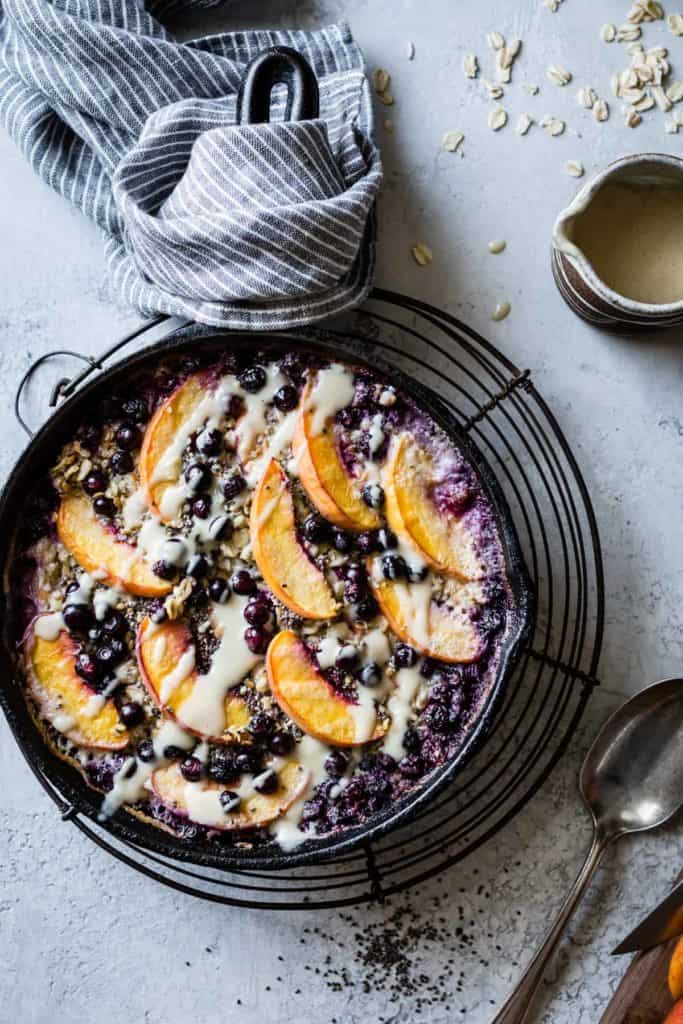 Super Seedy Vegan Baked Oatmeal with Peaches and Huckleberries {gluten-free & dairy-free}