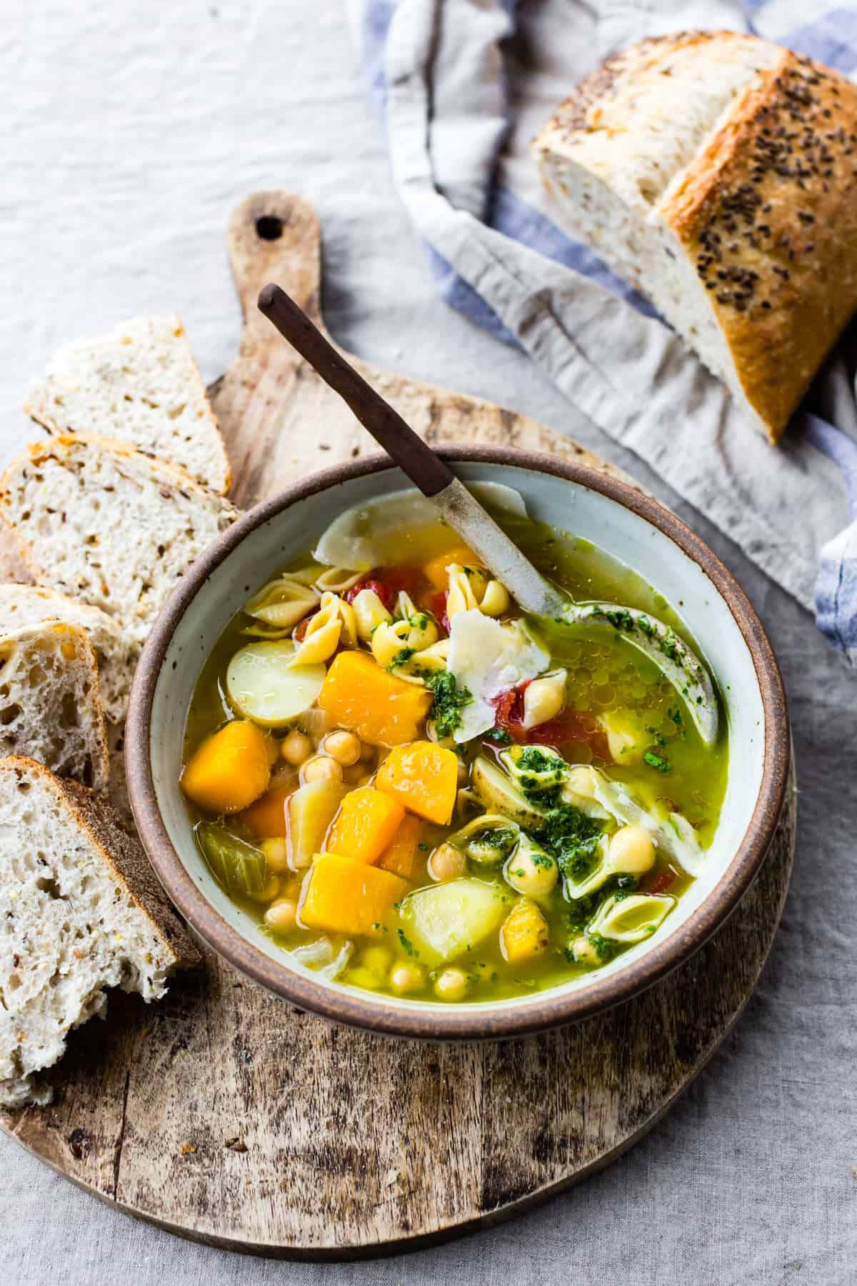 Vegetarian Minestrone Soup with Chickpeas & Lemon Parsley Oil in bowl 