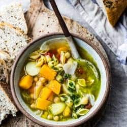 a bowl of Golden Vegetable Chickpea Minestrone with Lemon Parsley Oil