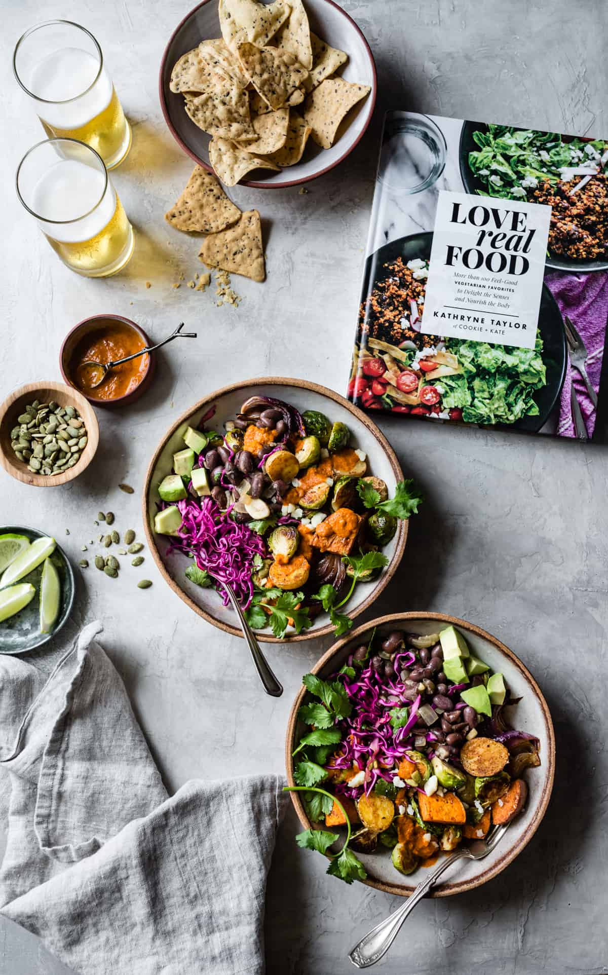 Mexican Roasted Veggie Bowls with Beer Beans and cookbook 