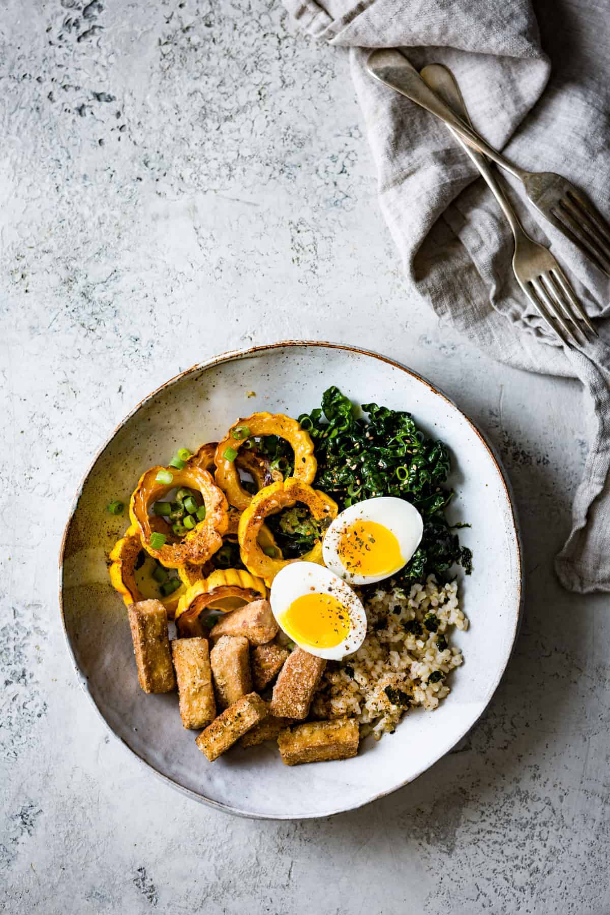 delicious and nourishing Fall Brown Rice Veggie Bowls with Crispy Tofu, Roasted Squash, and Miso Butter