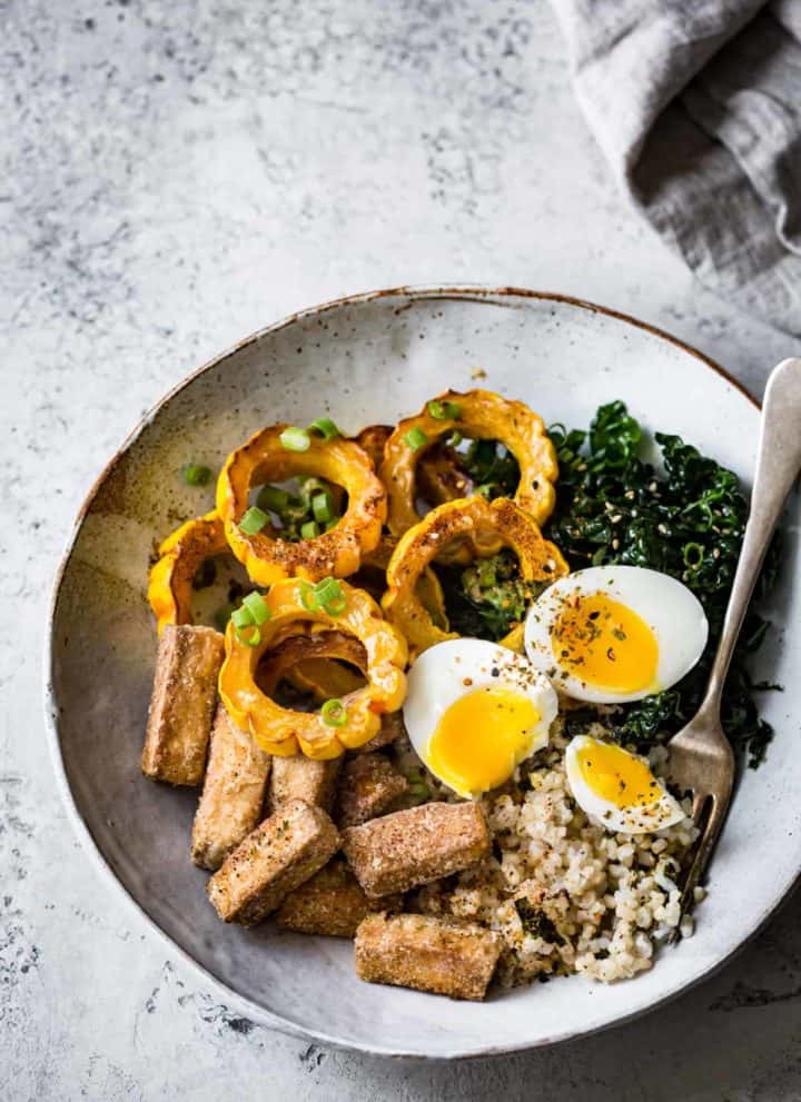 Fall Brown Rice Veggie Bowls with Crispy Tofu, Roasted Squash, and Miso Butter