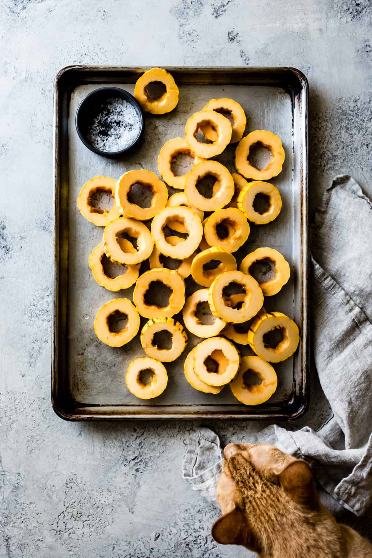 Roasted Delicata Squash with Miso Butter on baking tray 
