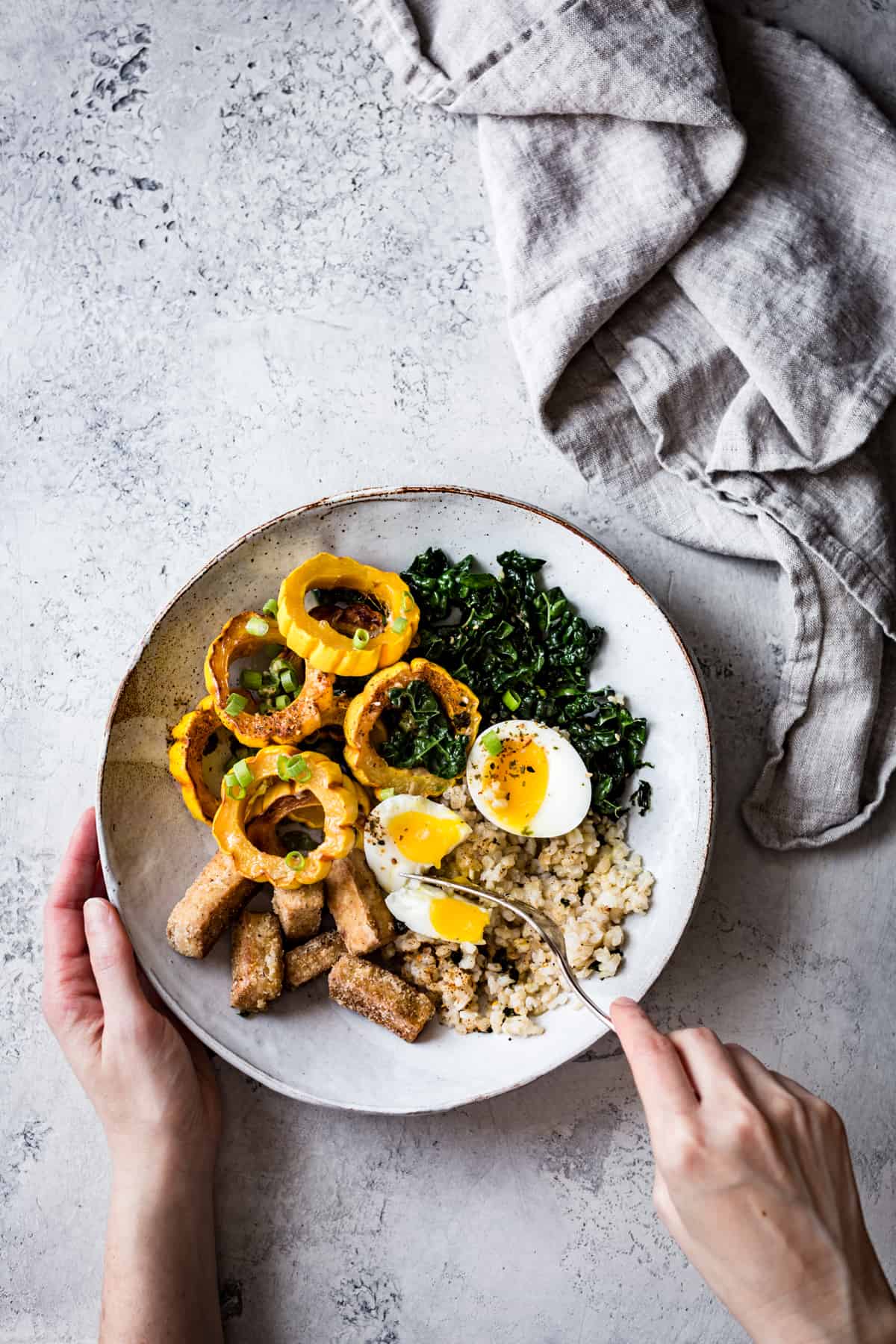 fork and Fall Brown Rice Veggie Bowl with Crispy Tofu, Roasted Squash, and Miso Butter