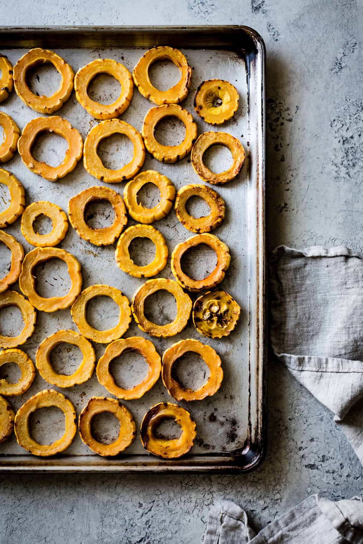 Roasted Delicata Squash with Miso Butter on oven tray 