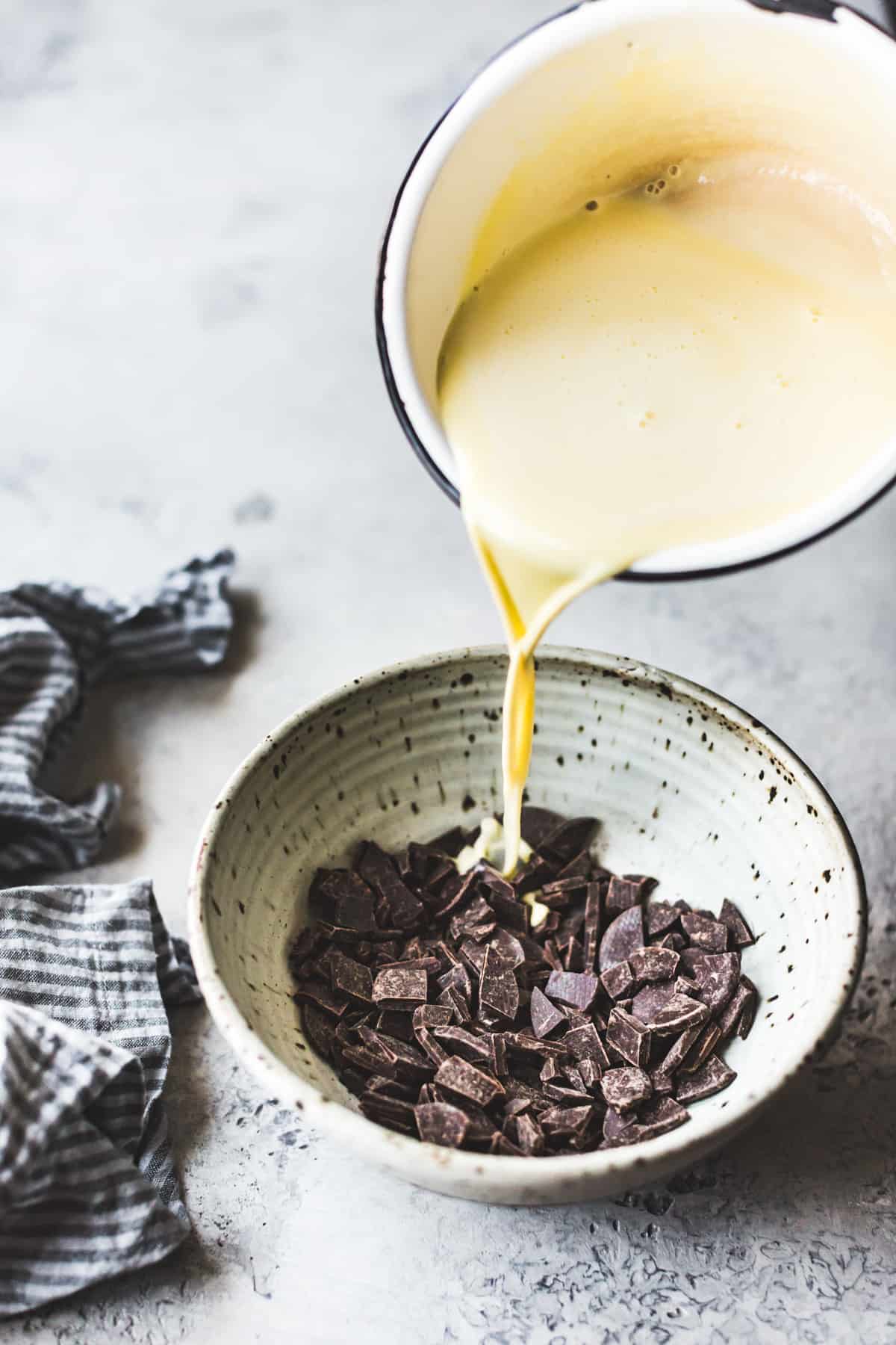 pouring mix onto chocolate chunks