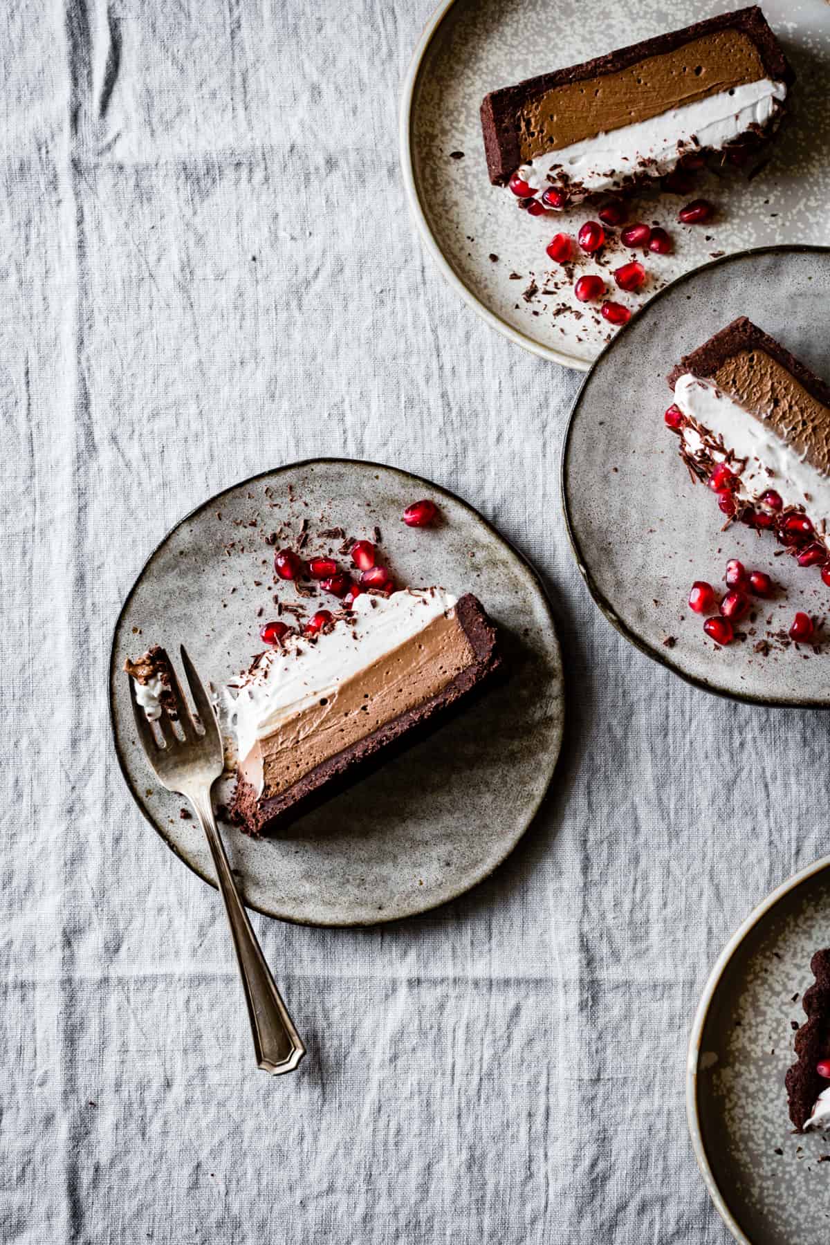 three plates of Chocolate Cream Tart {vegan, gluten-free}