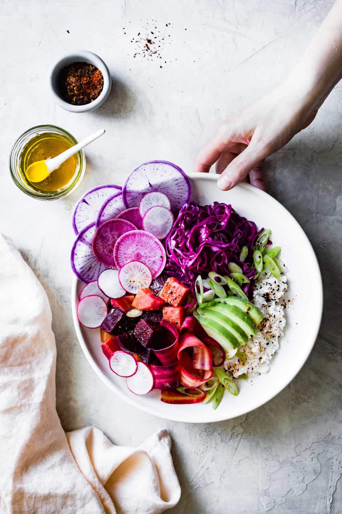 Serving Vegan Poke Bowls with Marinated Beets