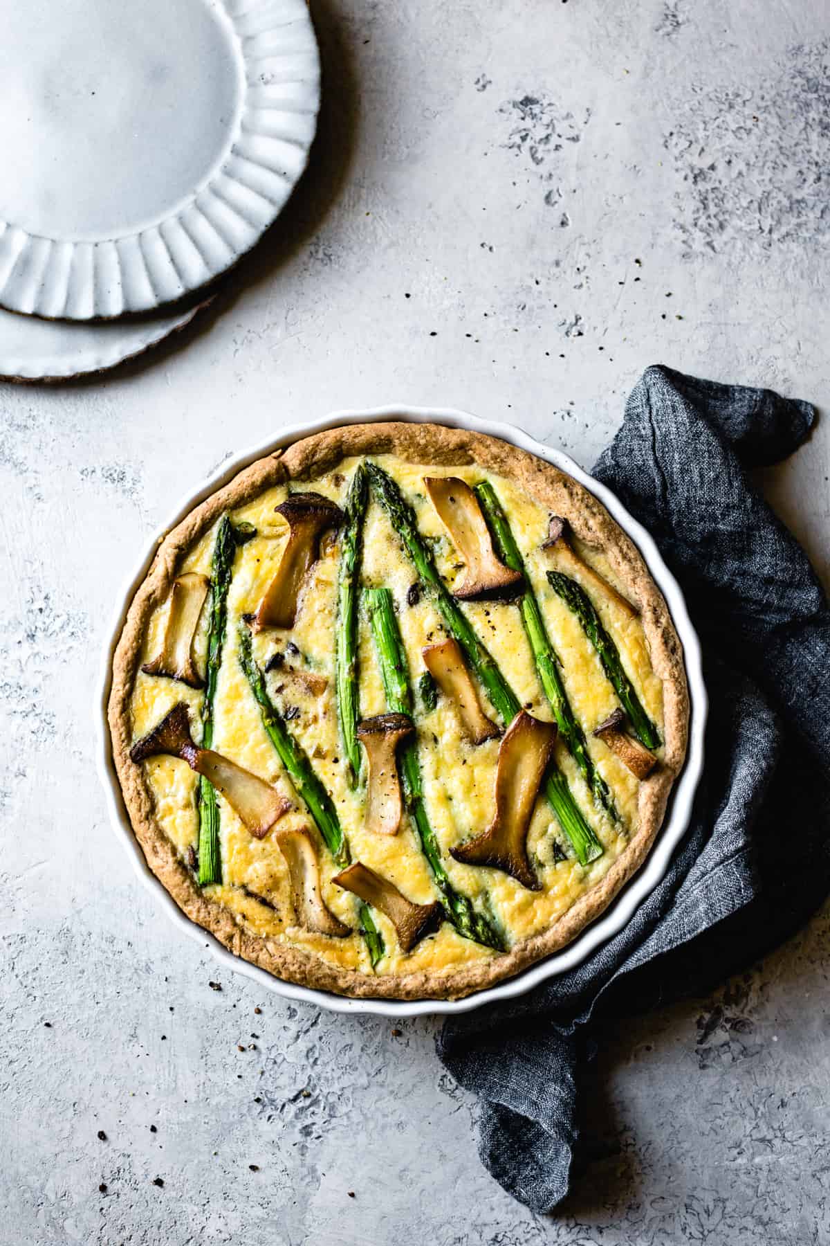 top down shot of Cheddar Mushroom Asparagus Quiche & Gluten-Free Ghee Piecrust