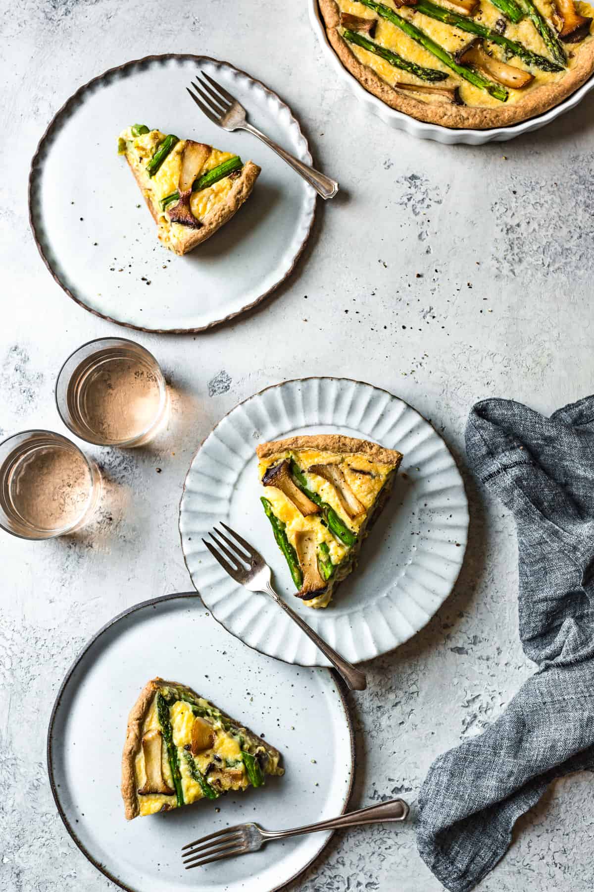 slices of Cheddar Mushroom Asparagus Quiche & Gluten-Free Ghee Piecrust