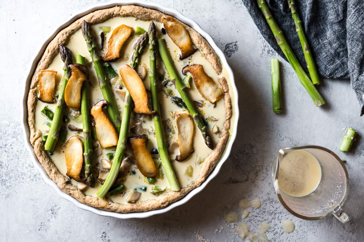 Cheddar Mushroom Asparagus Quiche & Gluten-Free Ghee Piecrust before cooking 