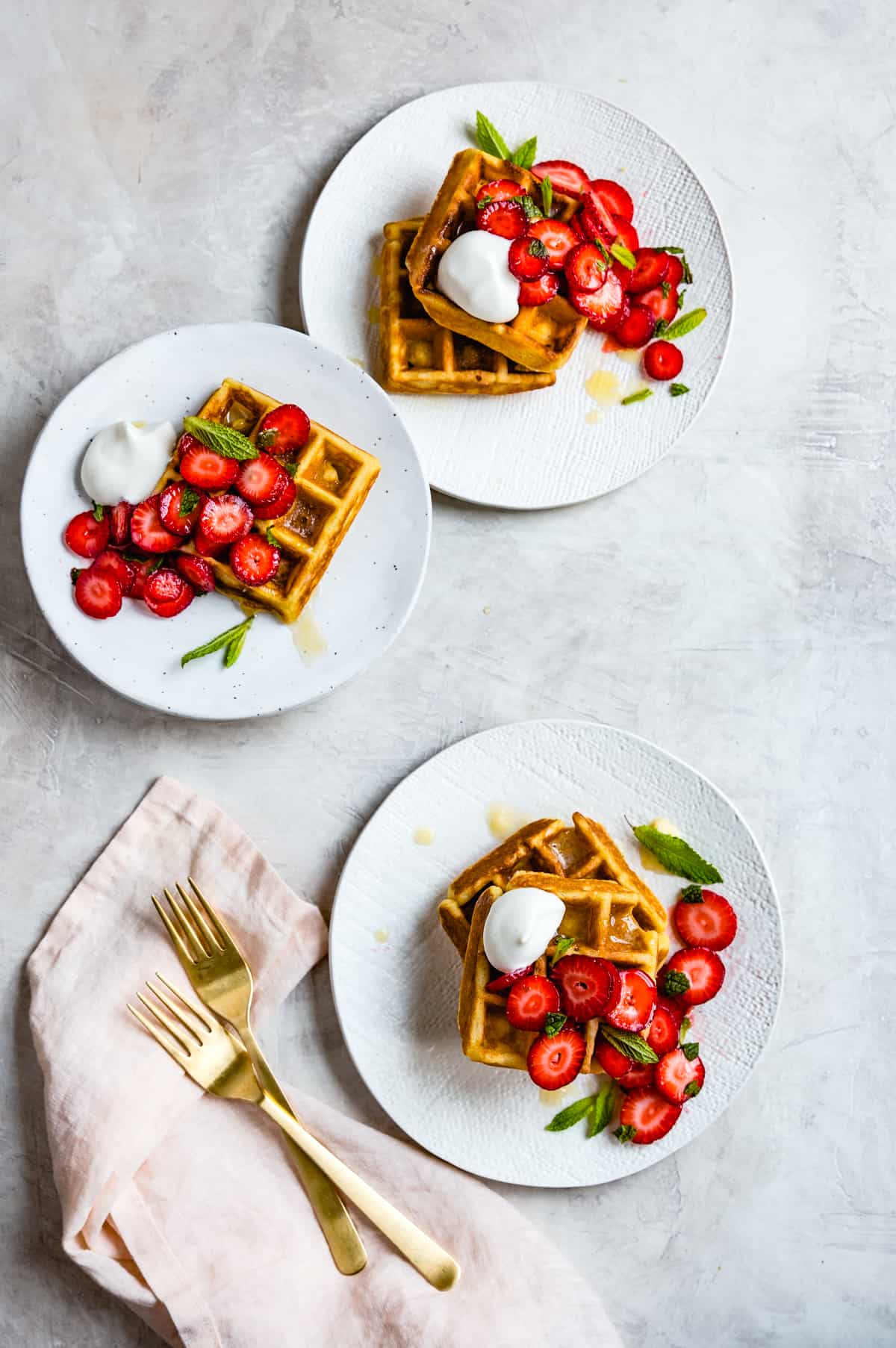 3 plates of Corn Flour Waffles with Whipped Honey Ghee and Berries {gluten-free}