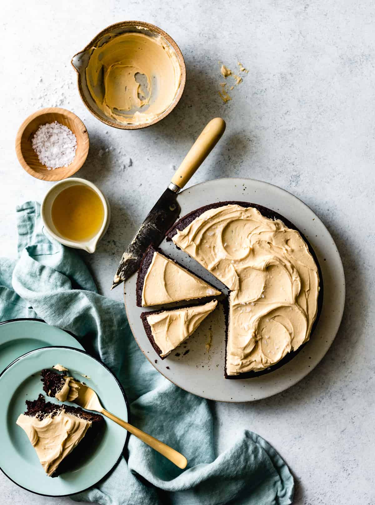One-Bowl Teff Chocolate Cake with Peanut Butter Frosting {gluten-free} on table 