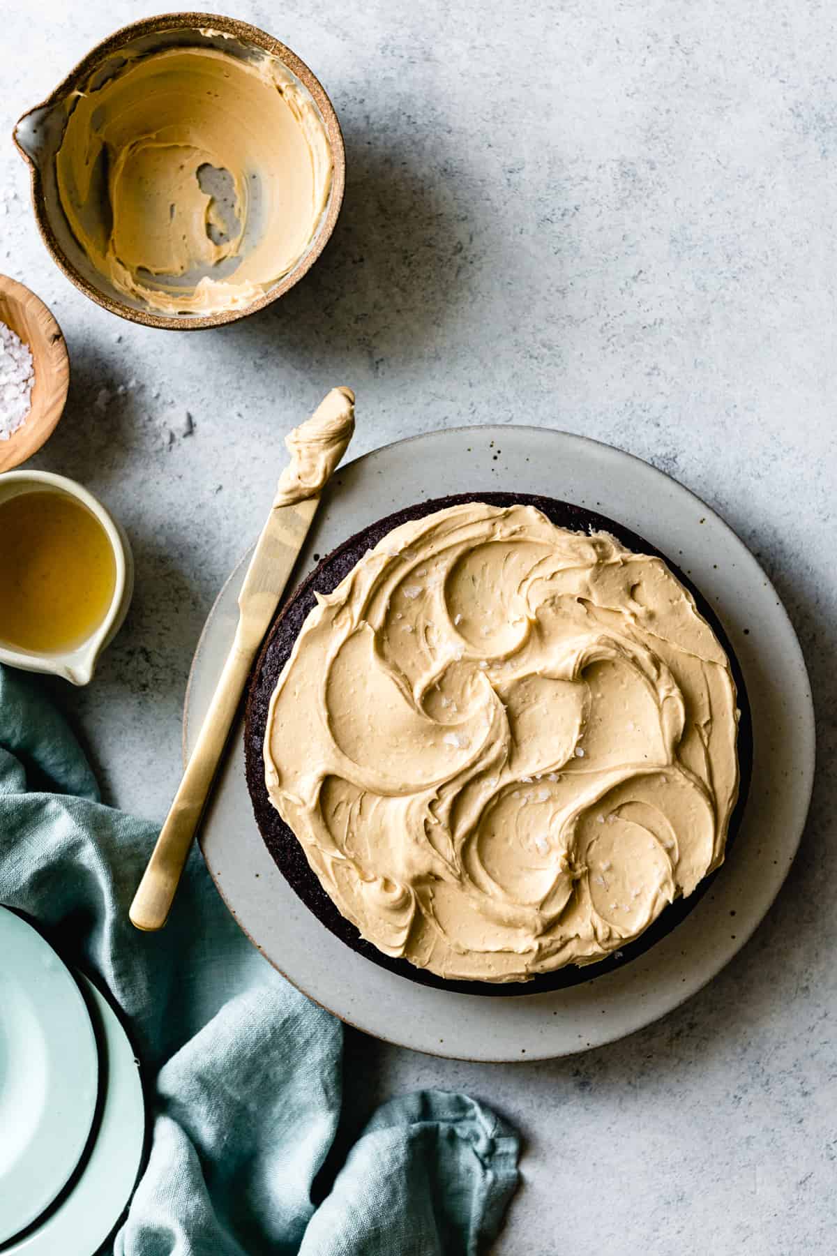 top down shot One-Bowl Teff Chocolate Cake with Peanut Butter Frosting {gluten-free}