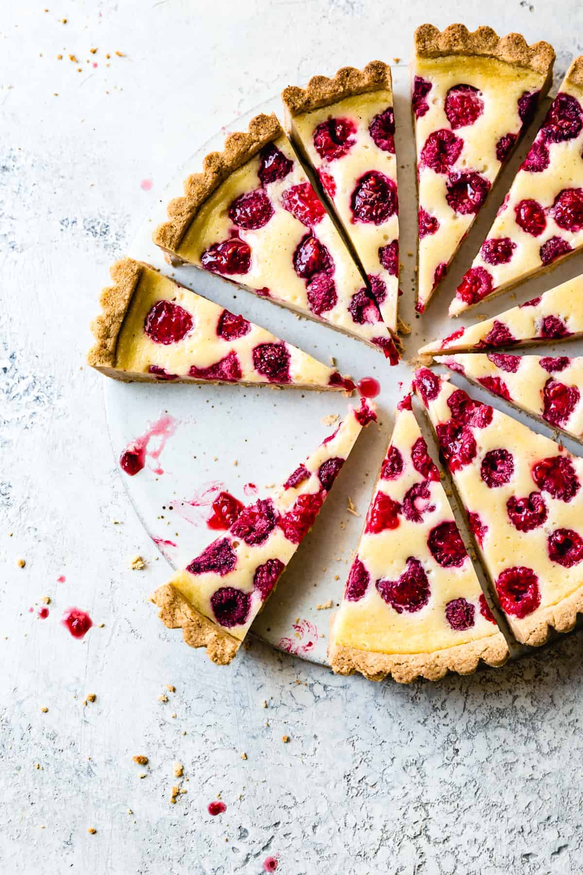 overhead shot Baked Raspberry Mascarpone Tart {gluten-free}