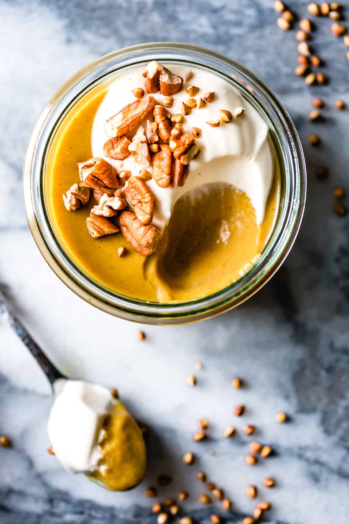 close-up of pumpkin pudding recipe with a scoop taken out