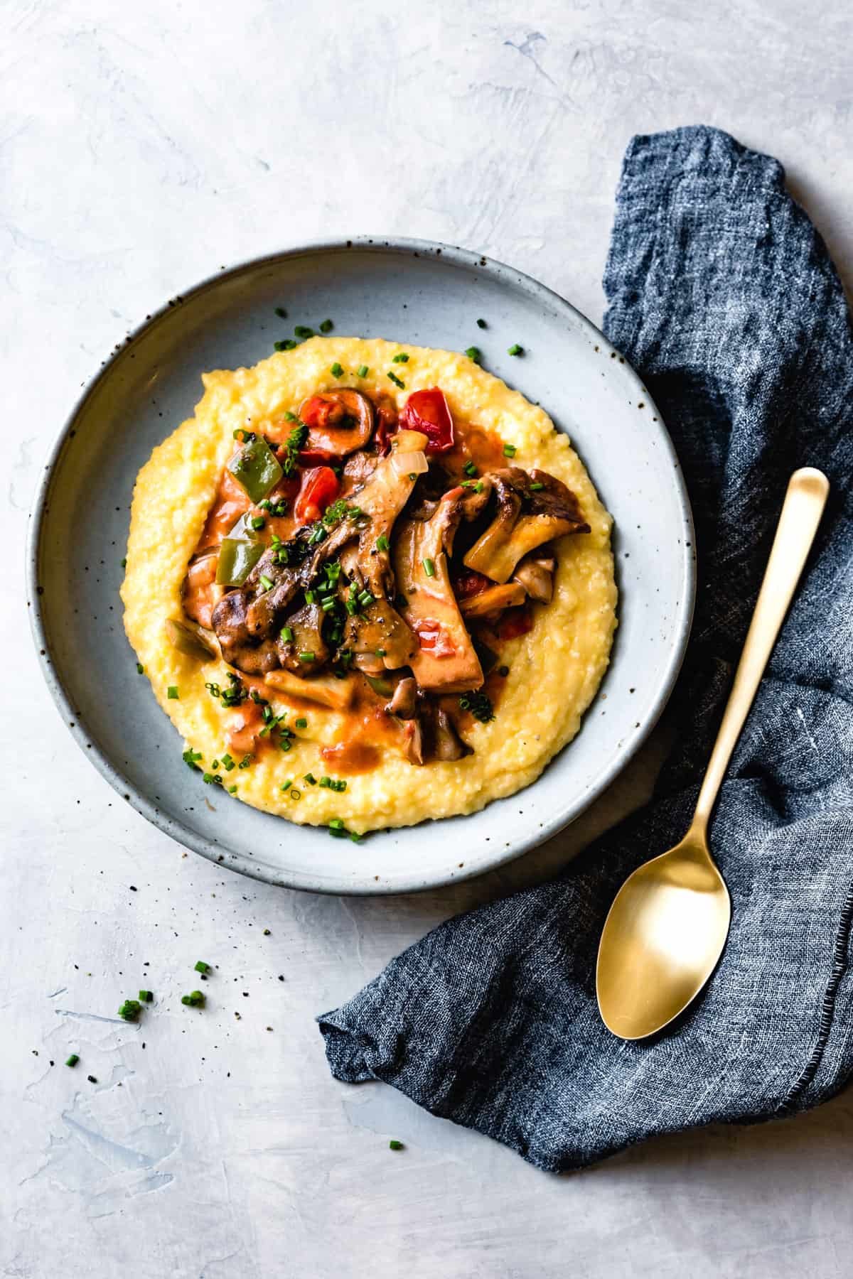 top down shot of Creamy Grits and Mushrooms