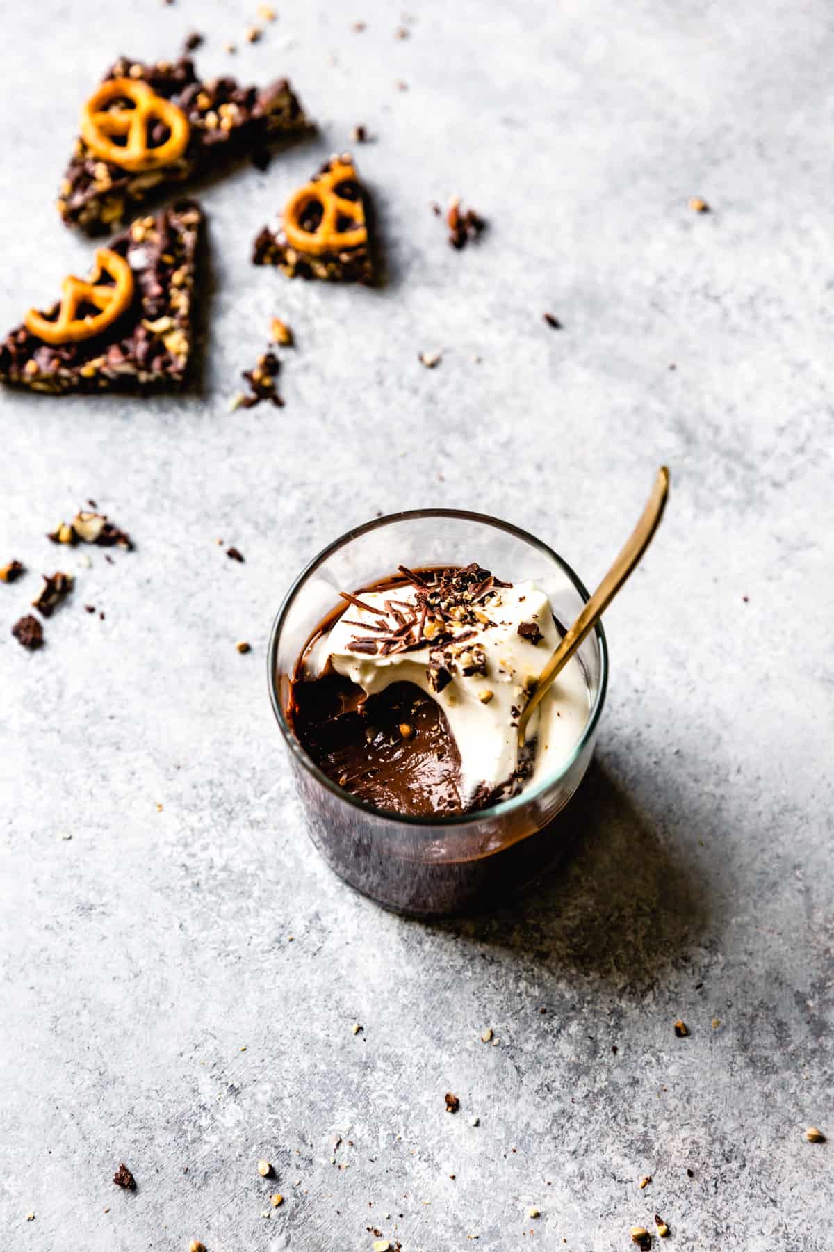 spoon in glass of Chocolate Pudding from Scratch