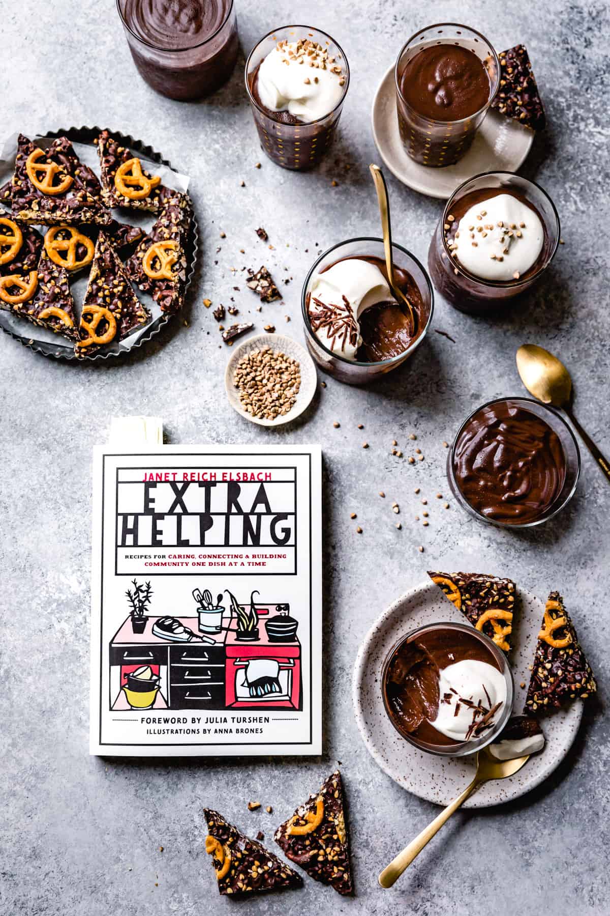 Chocolate Pudding and cookbook on table 