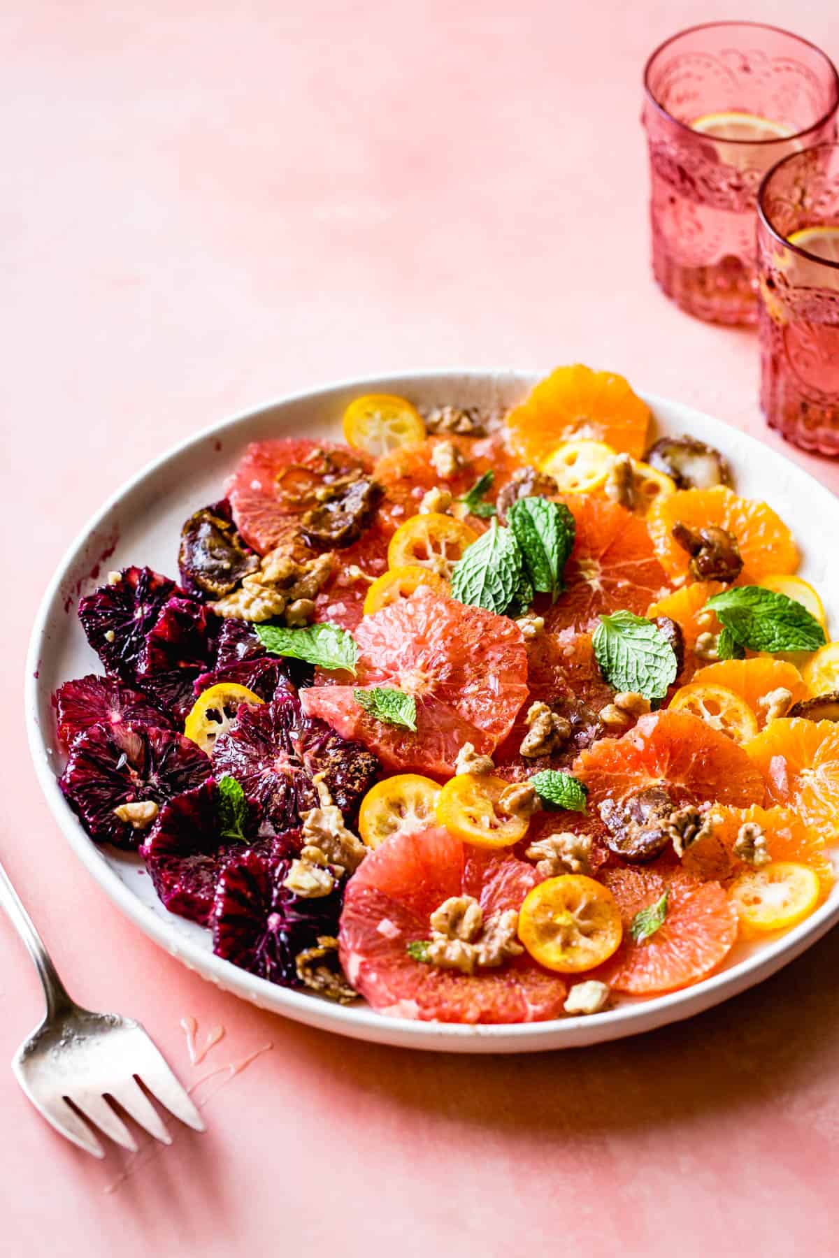 side shot of Winter Citrus Salad with Walnuts, Dates & Rose