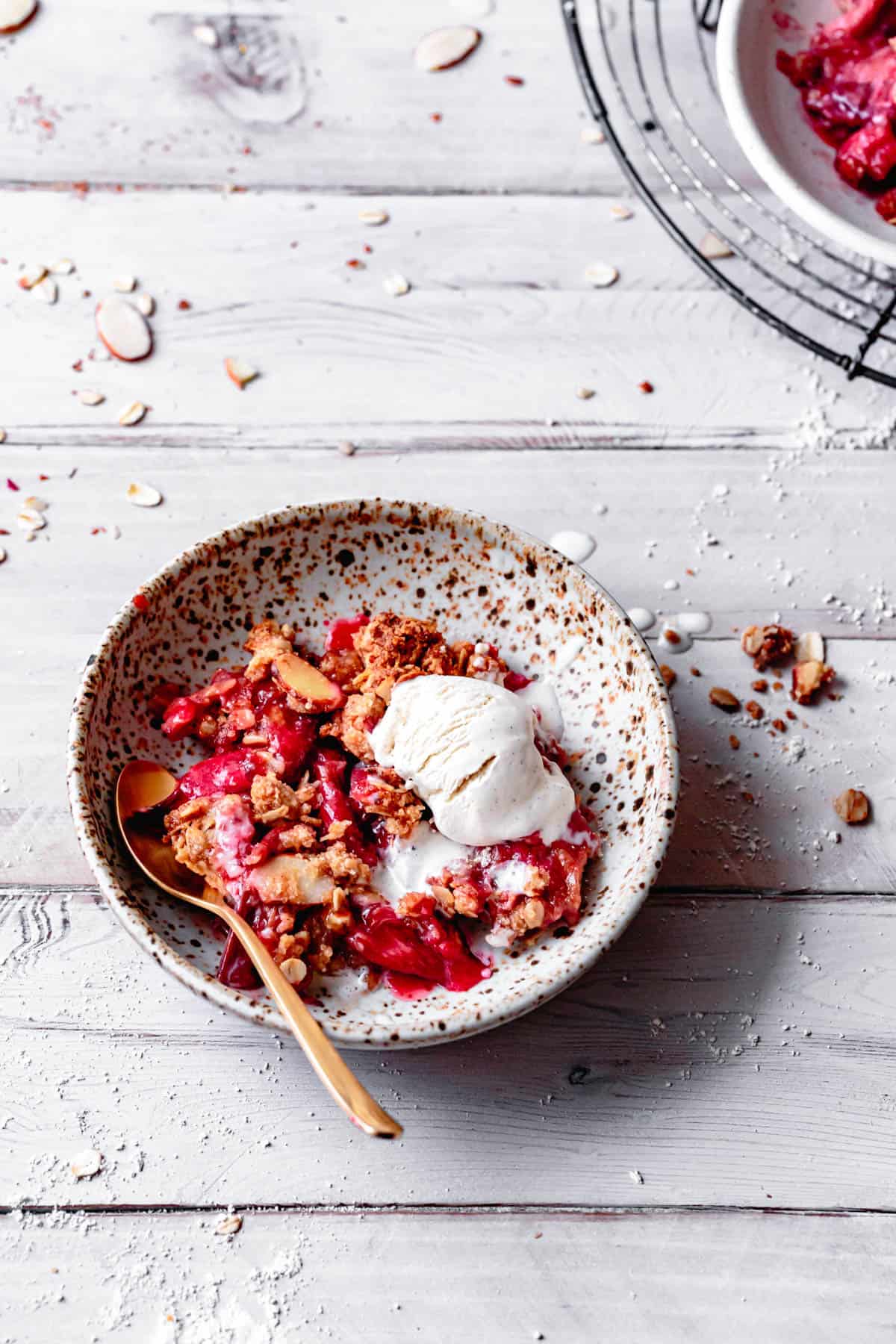 Vegan & Gluten Free Rhubarb Crisp in bowl 