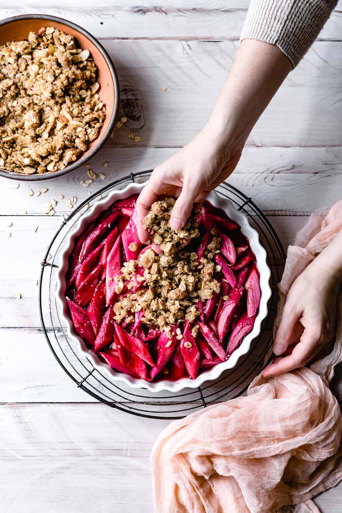 crumbling topping on Vegan & Gluten Free Rhubarb Crisp