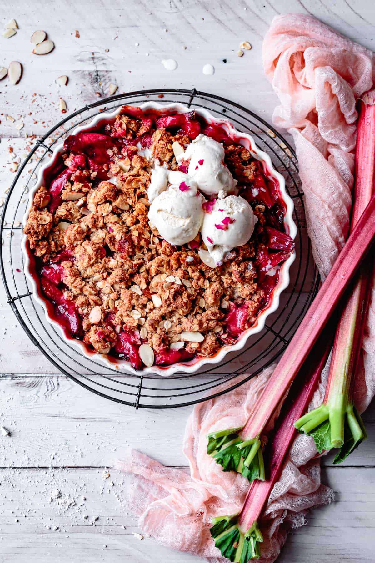 Vegan & Gluten Free Rhubarb Crisp in dish on wire rack 