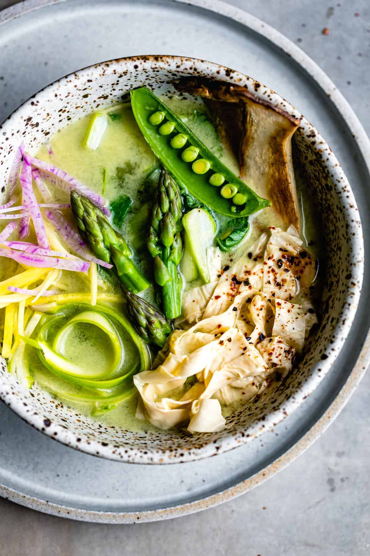 overhead shot of Spring Vegan Miso Soup with Yuba Gluten-Free Noodles