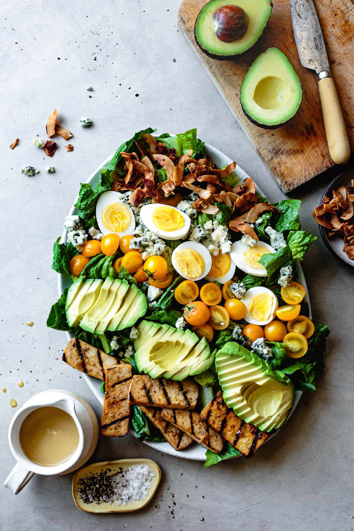 Vegetarian Cobb Salad with Grilled Tofu & Coconut Bacon and avocados