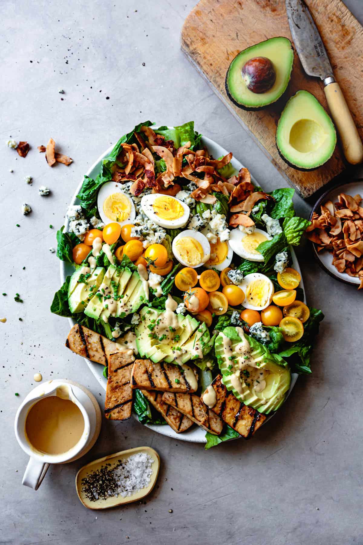 top down shot of Vegetarian Cobb Salad with Grilled Tofu & Coconut Bacon