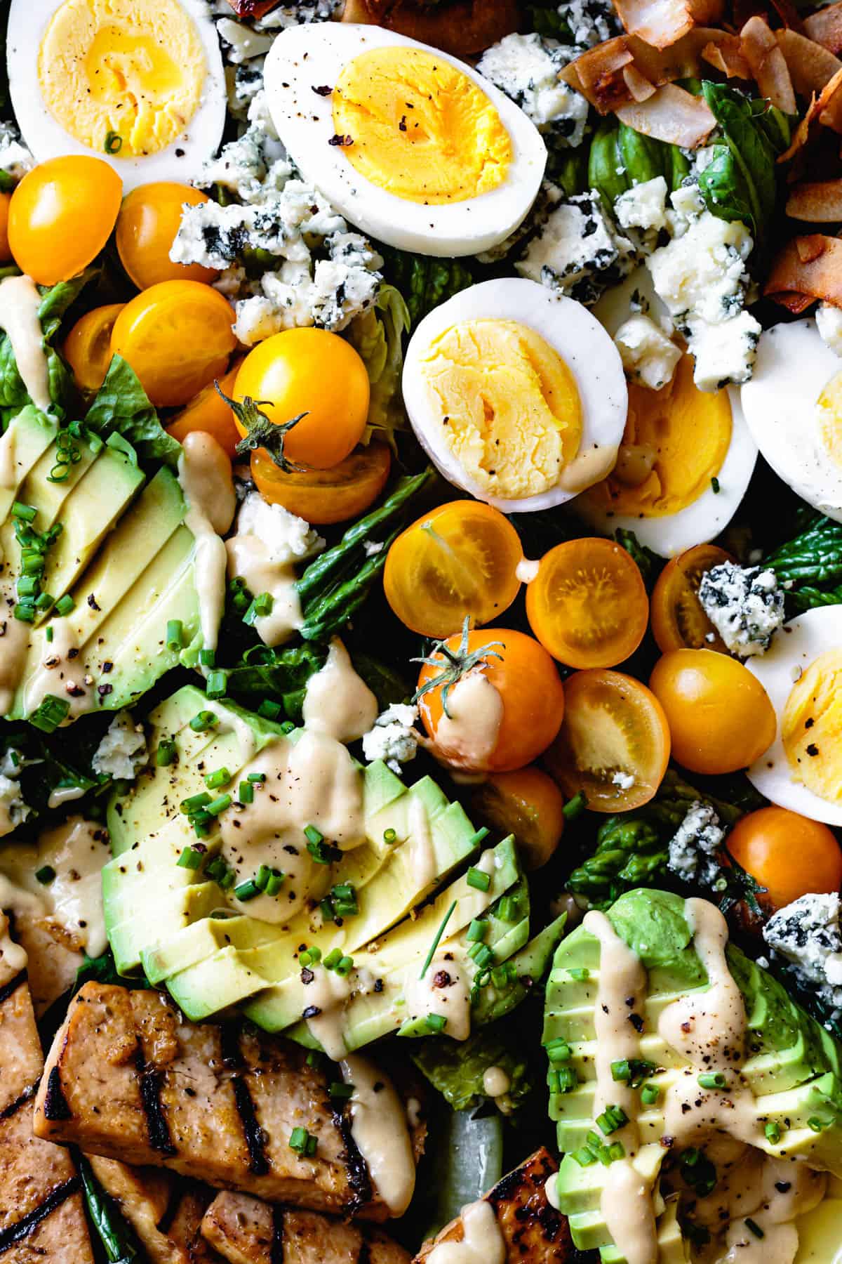 close up of Vegetarian Cobb Salad with Grilled Tofu & Coconut Bacon