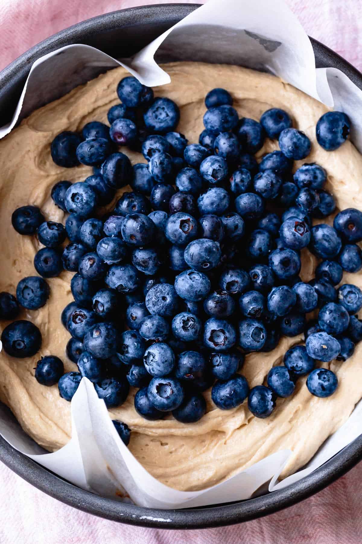 Coffee Cake batter with blueberries for Gluten-Free Blueberry Dessert