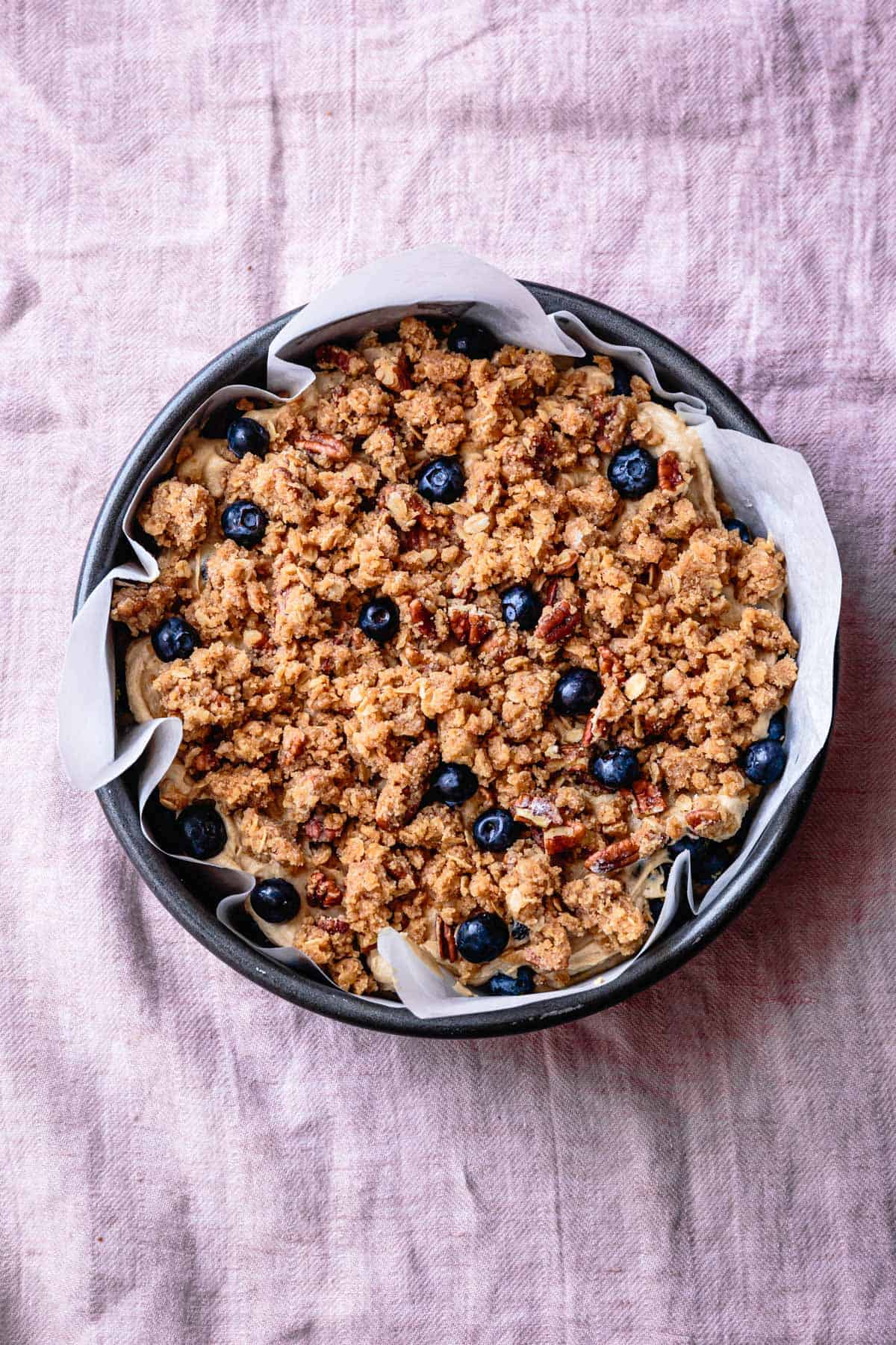 Gluten-Free Dairy-Free Blueberry Coffee Cake batter in the pan