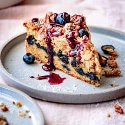 Gluten Free Blueberry Coffee Cake slice on a plate