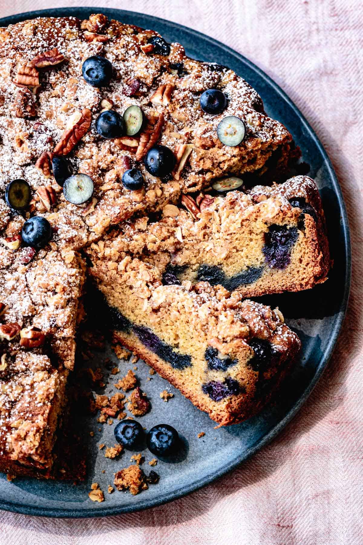 Gluten Free Blueberry Coffee Cake close up on a platter