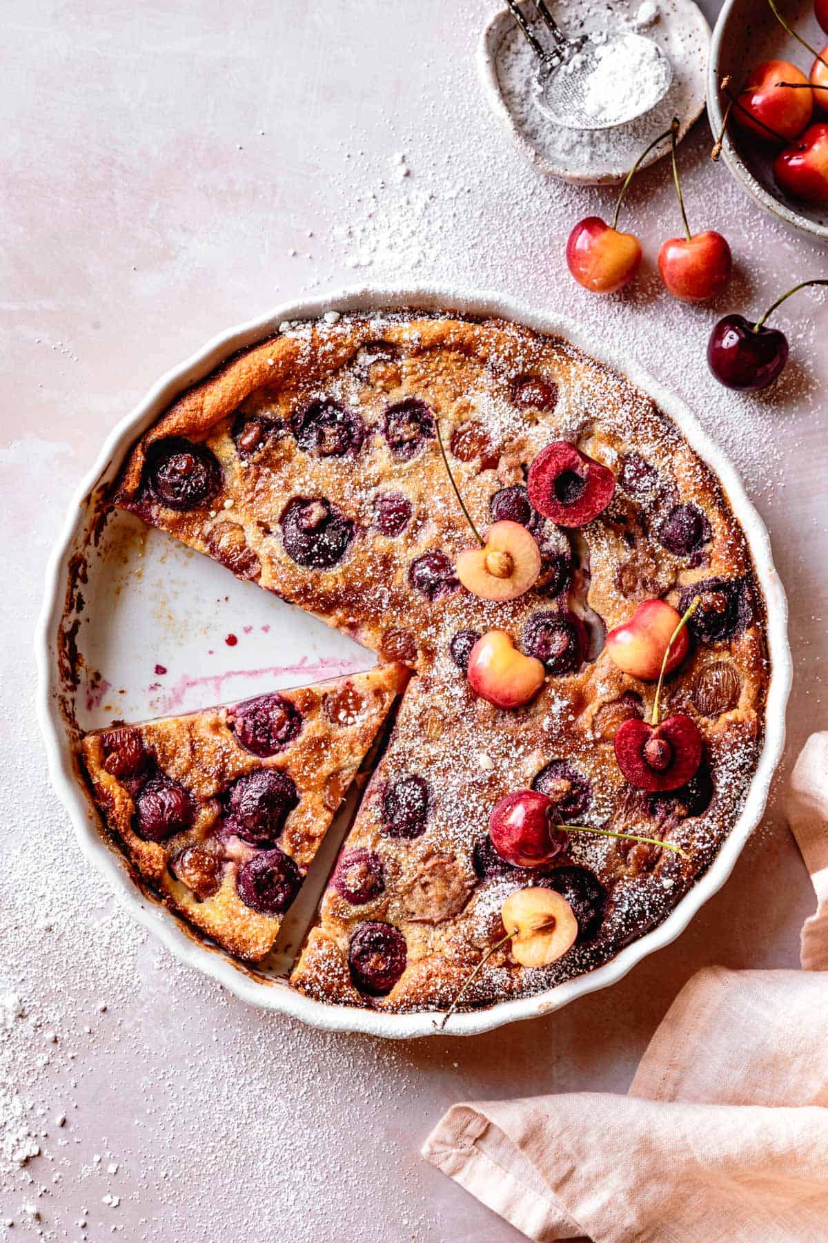 Gluten Free Cherry Clafoutis, sliced in pan