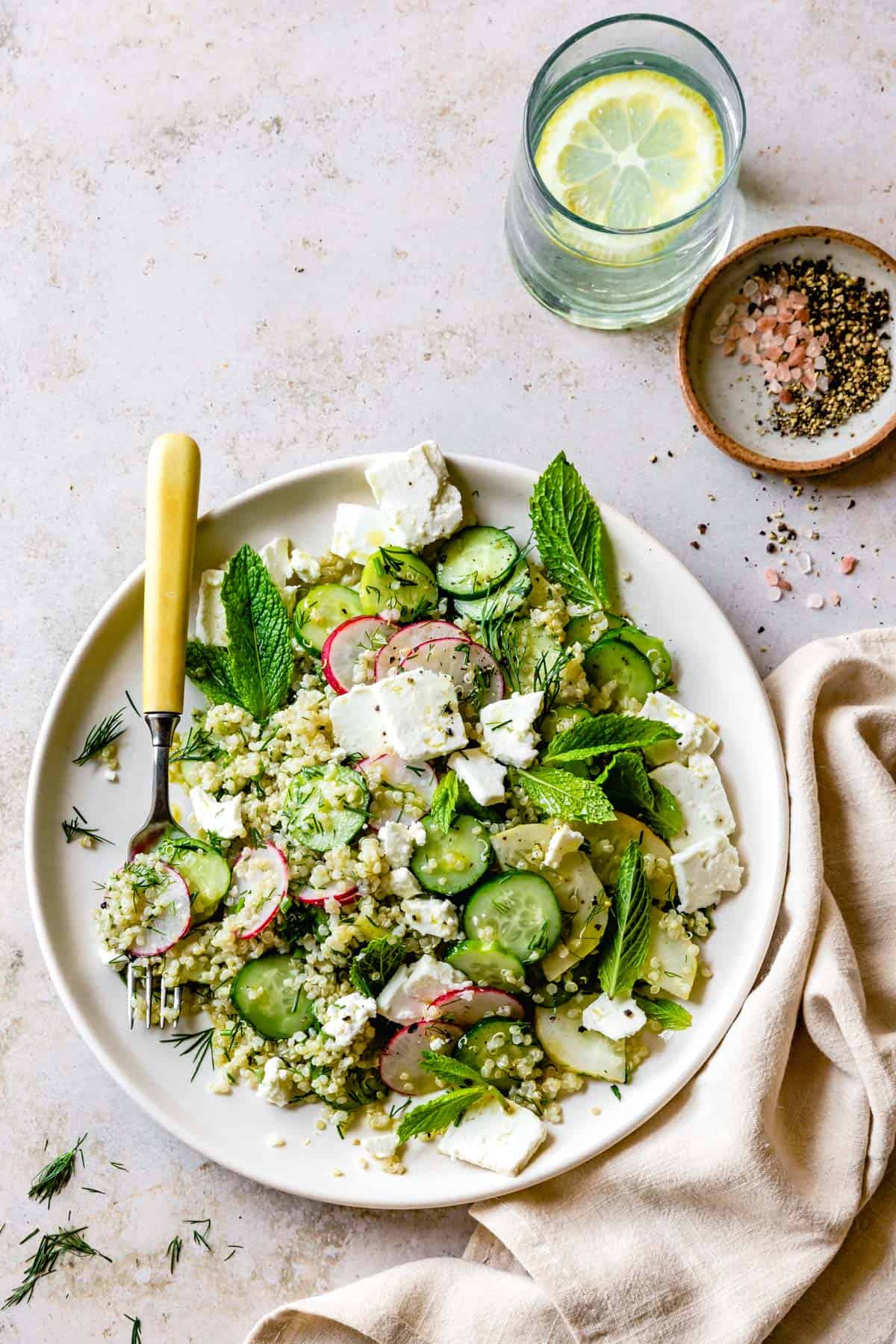 Quinoa Cucumber Salad with Feta, Dill & Mint on a plate