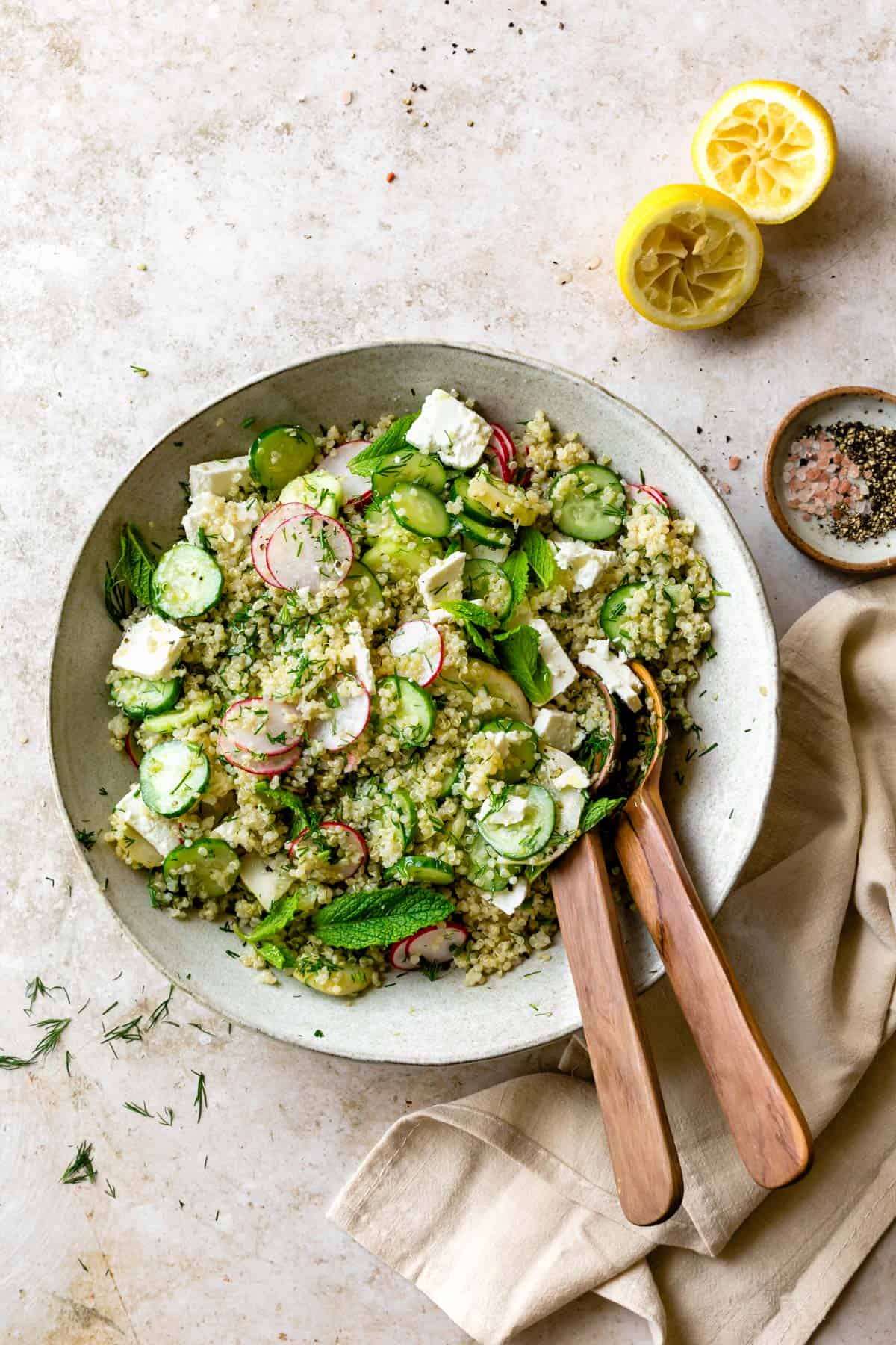 Quinoa Cucumber Salad with Feta, Dill & Mint in a bowl 